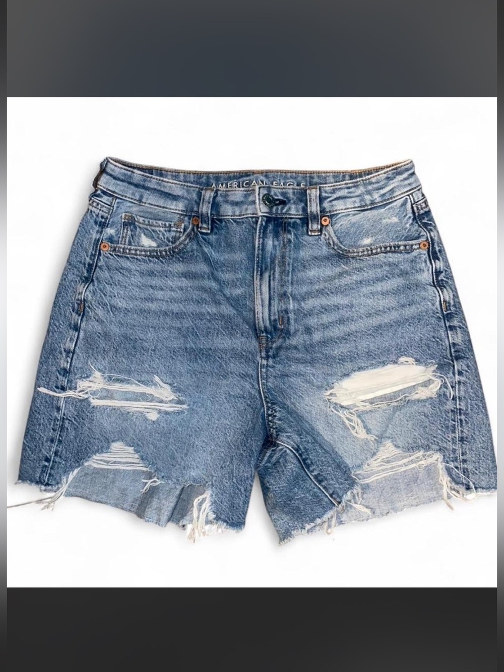 American Eagle Outfitters Distressed High-Rise Baggy Mom Shorts Denim - Blue